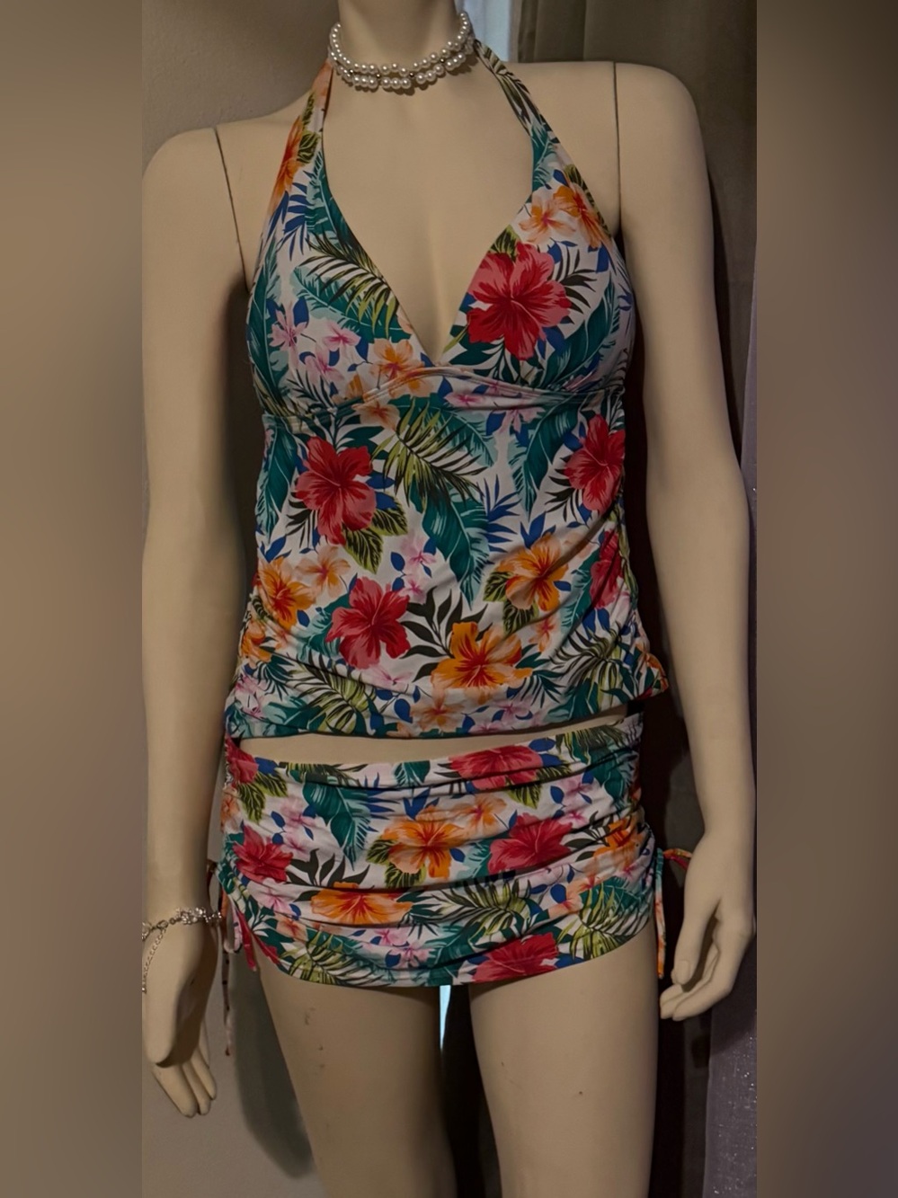 Time and Tru Floral Halter Tankini Bikini Set in White, Red, Yellow, Green, Blue